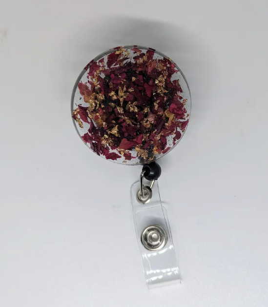 Handmade Epoxy badge reel with dried red petals and gold  flakes