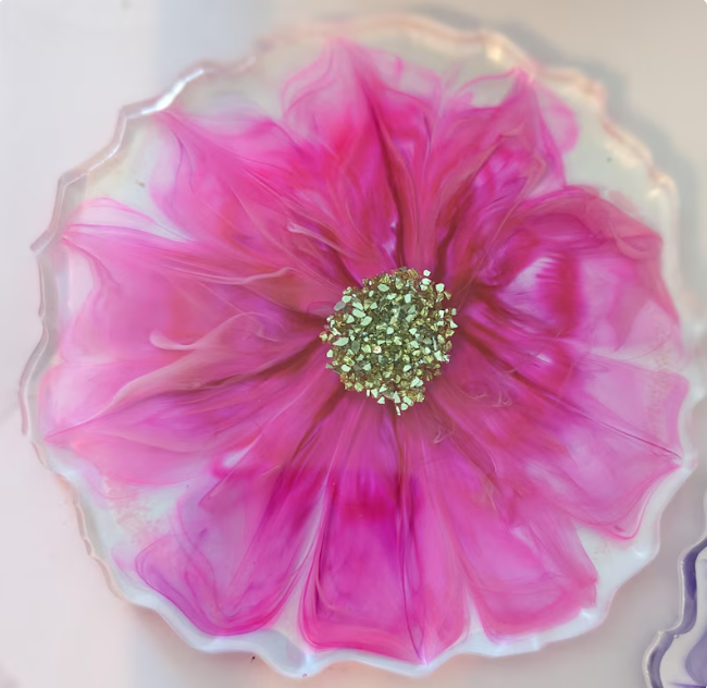 Bright pink flower epoxy coaster