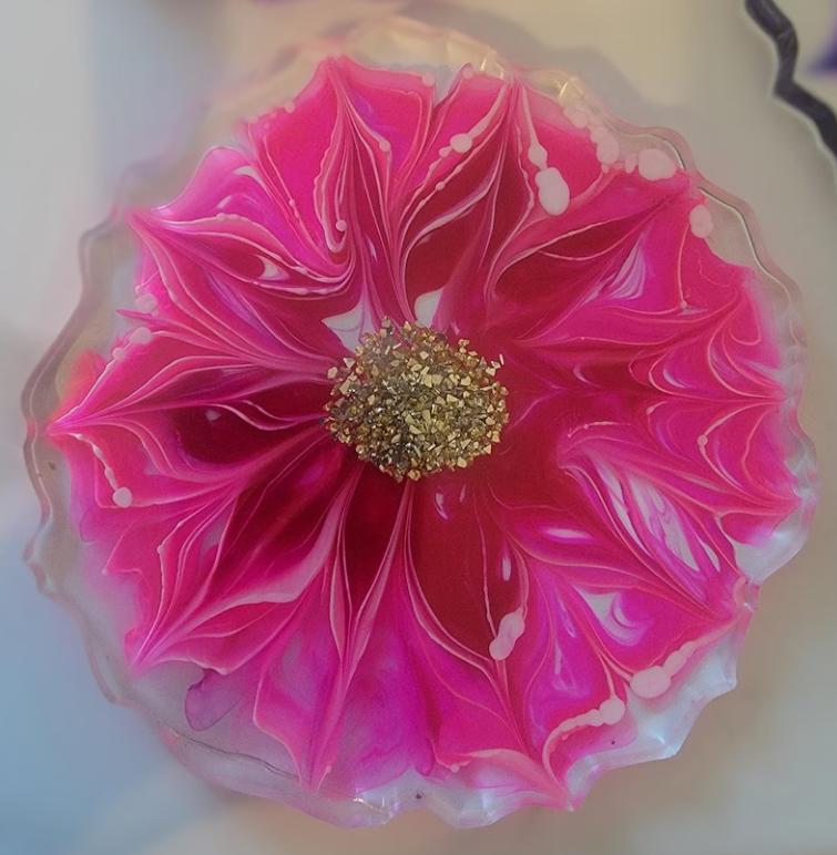Pink flower with gold flakes epoxy coaster