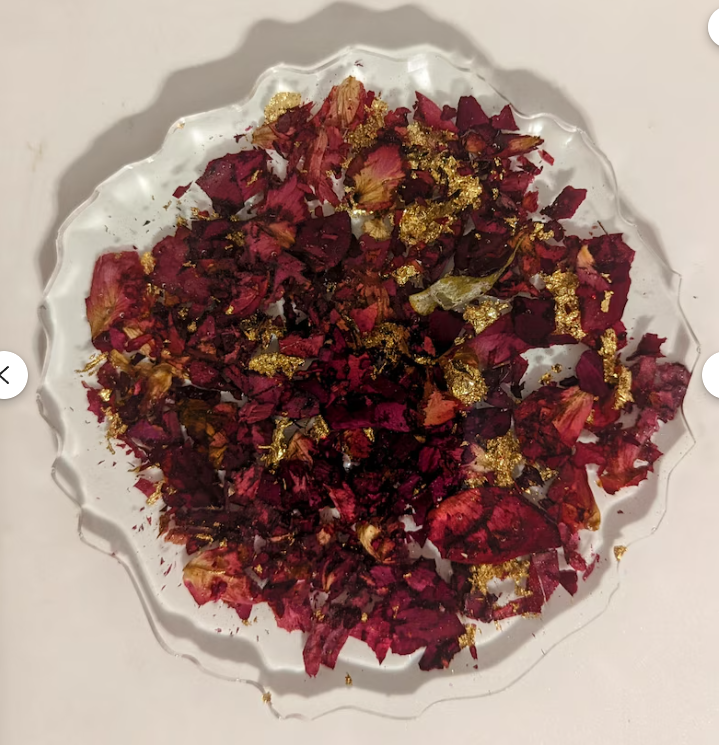 Dark Red Flower Petals with Gold Flakes Epoxy Coaster