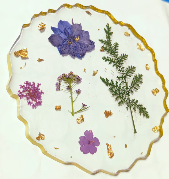 Real Flowers and gold Epoxy Coaster